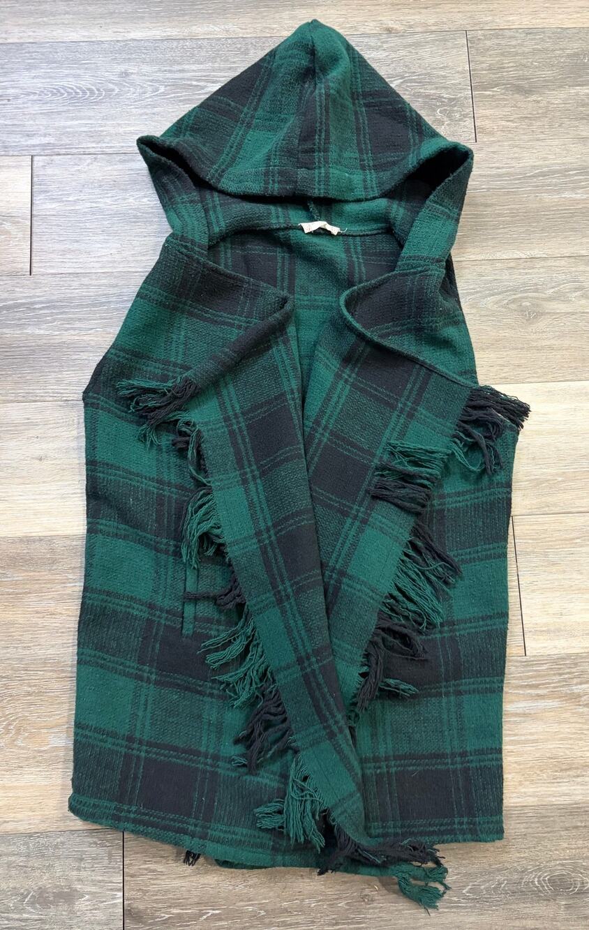 Altard State Green Plaid Hooded Vest Small Fringe Cottagecore Layering